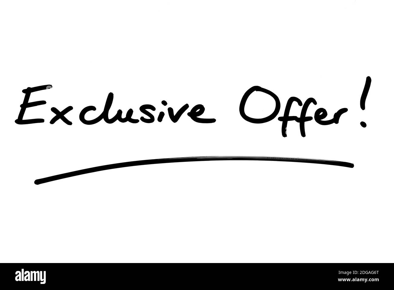 Exclusive Offer! handwritten on a white background. Stock Photo