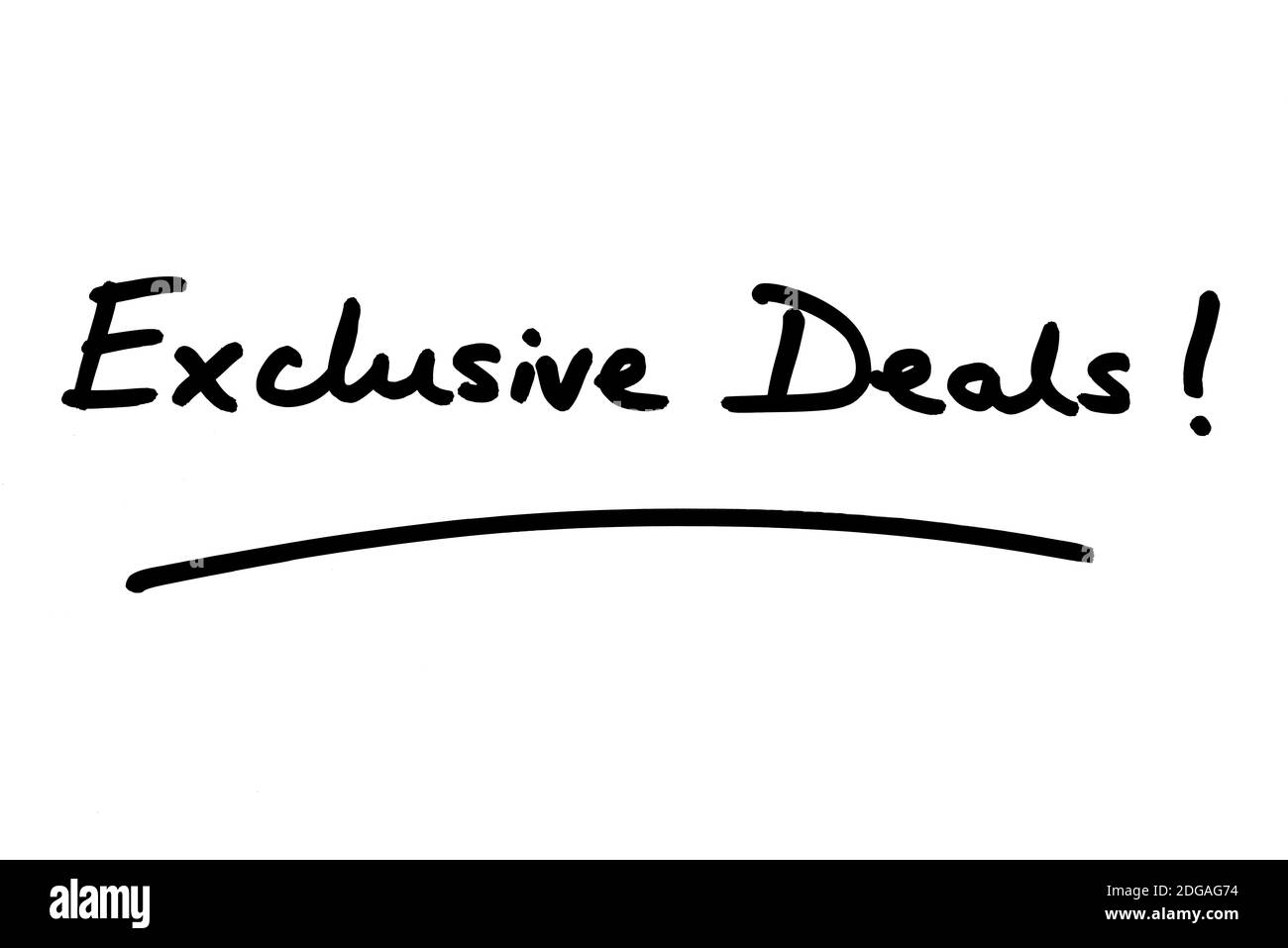 Exclusive Deals! handwritten on a white background. Stock Photo