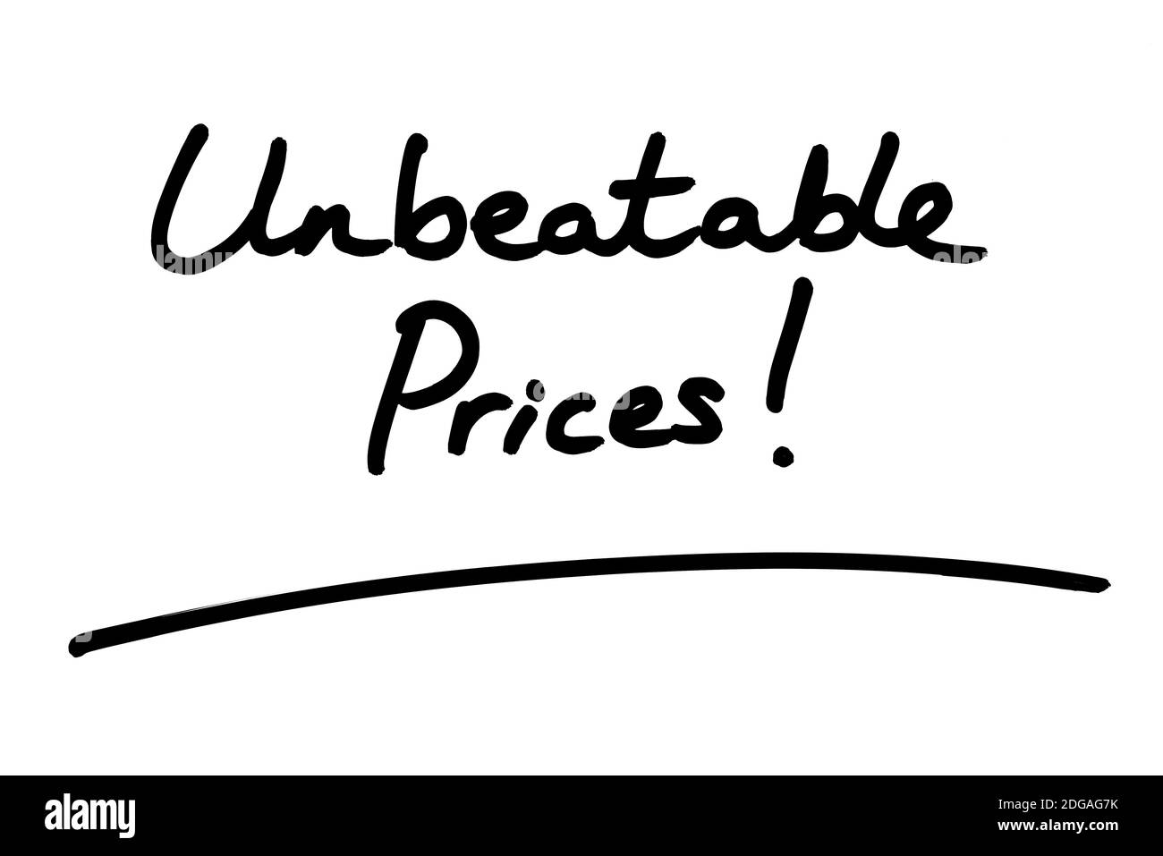Unbeatable Prices! handwritten on a white background. Stock Photo