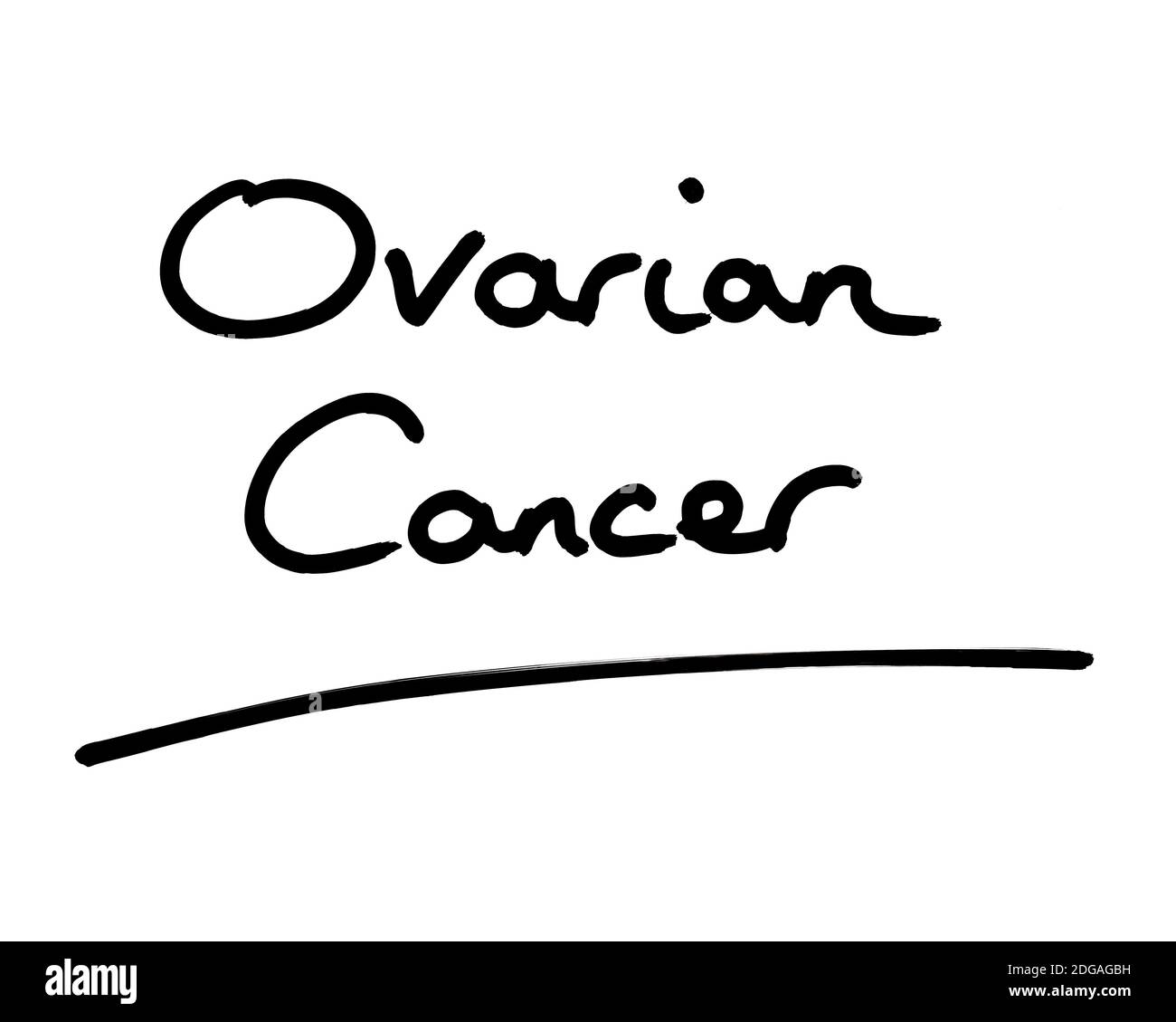 Ovarian Cancer handwritten on a white background. Stock Photo