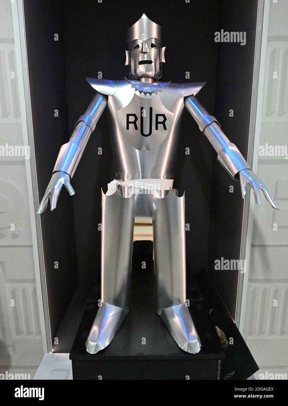 The first British robot with the letters R.U.R. inspired by Karel Capek's  play, which was presented in London in 1923, at the Robot2020 exhibition in  the Technical Museum in Brno, Czech Republic,