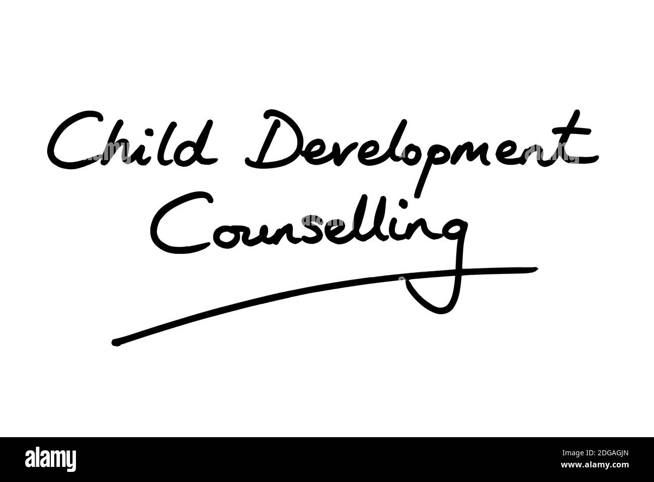Child Development Counselling handwritten on a white background. Stock Photo