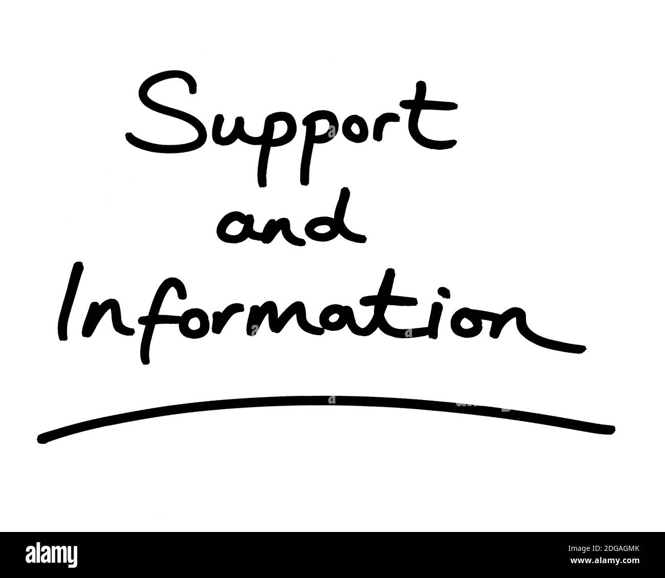 Support and Information handwritten on a white background. Stock Photo