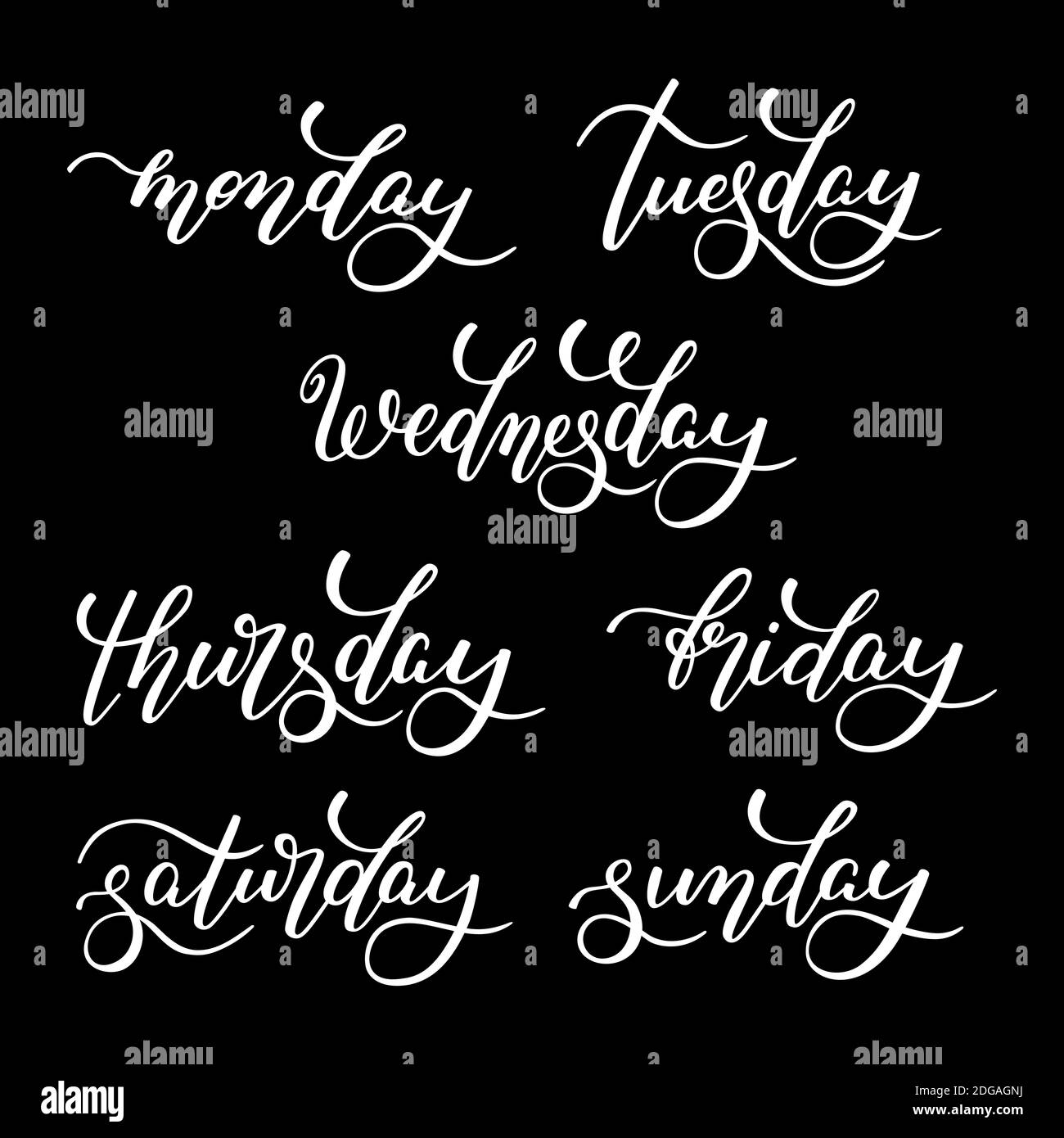 Hand Lettered Days of the Week. Calligraphy words Monday, Tuesday, Wednesday,  Thursday, Friday, Saturday, Sunday. Lettering Stock Vector Image & Art -  Alamy