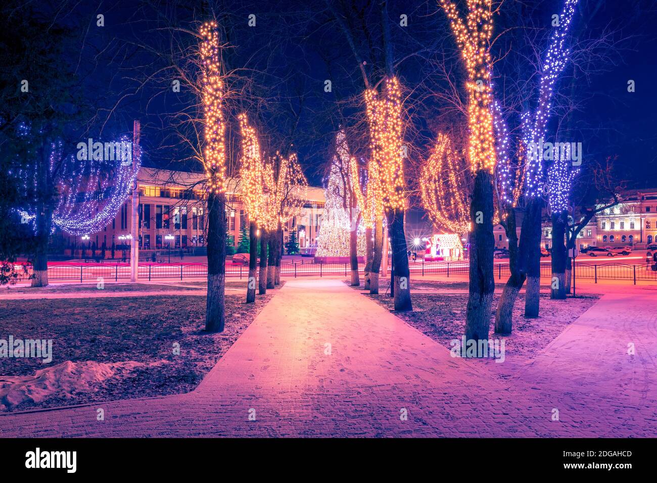 Winter park at night with christmas decorations, lights, pavement ...