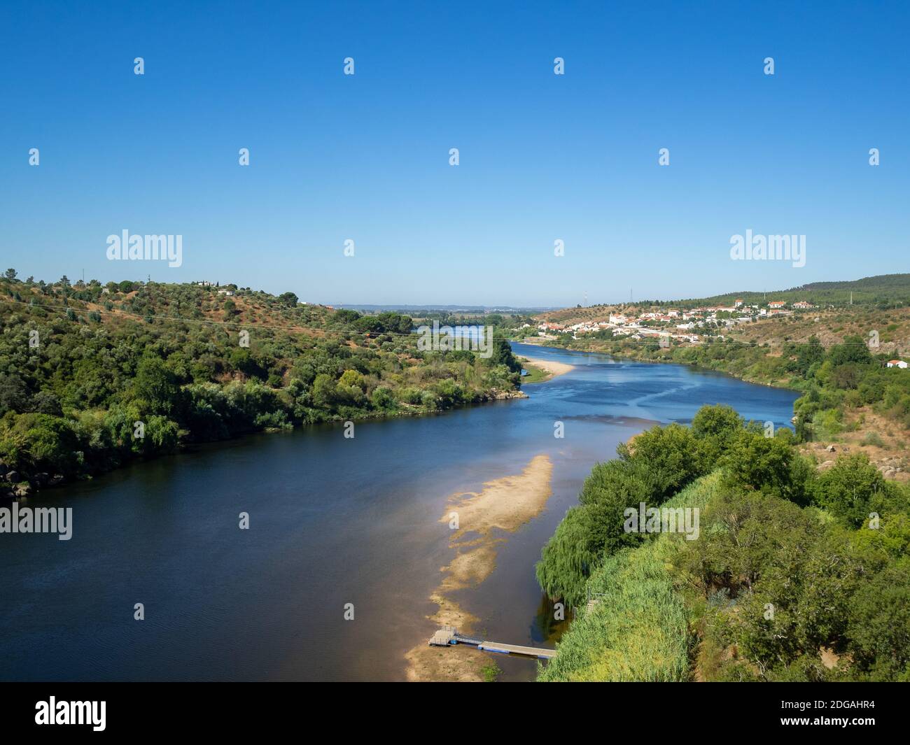 Tagus River and Tancos village seen from the top of Almorol castle Stock Photo
