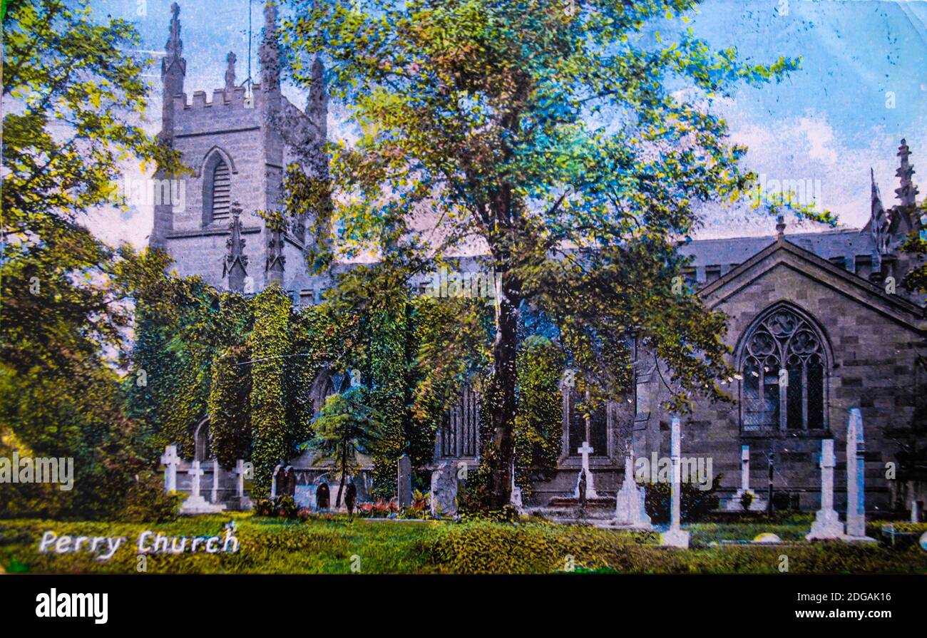 Perry Church, St John the Evangelist on Church Road, Perry Barr, Birmingham, circa 1910 colour picture vintage postcard illustration, Birmingham, West Midlands, UK Stock Photo