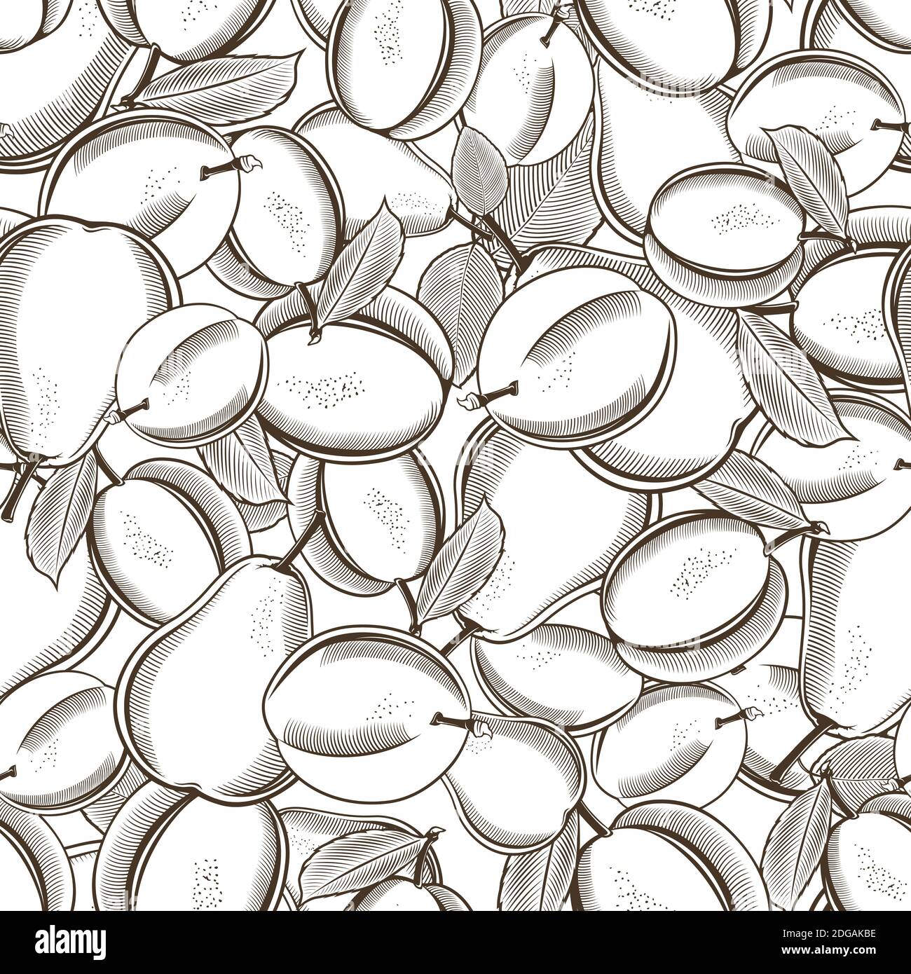 Black and white seamless pattern with plums and pears in vintage style ...