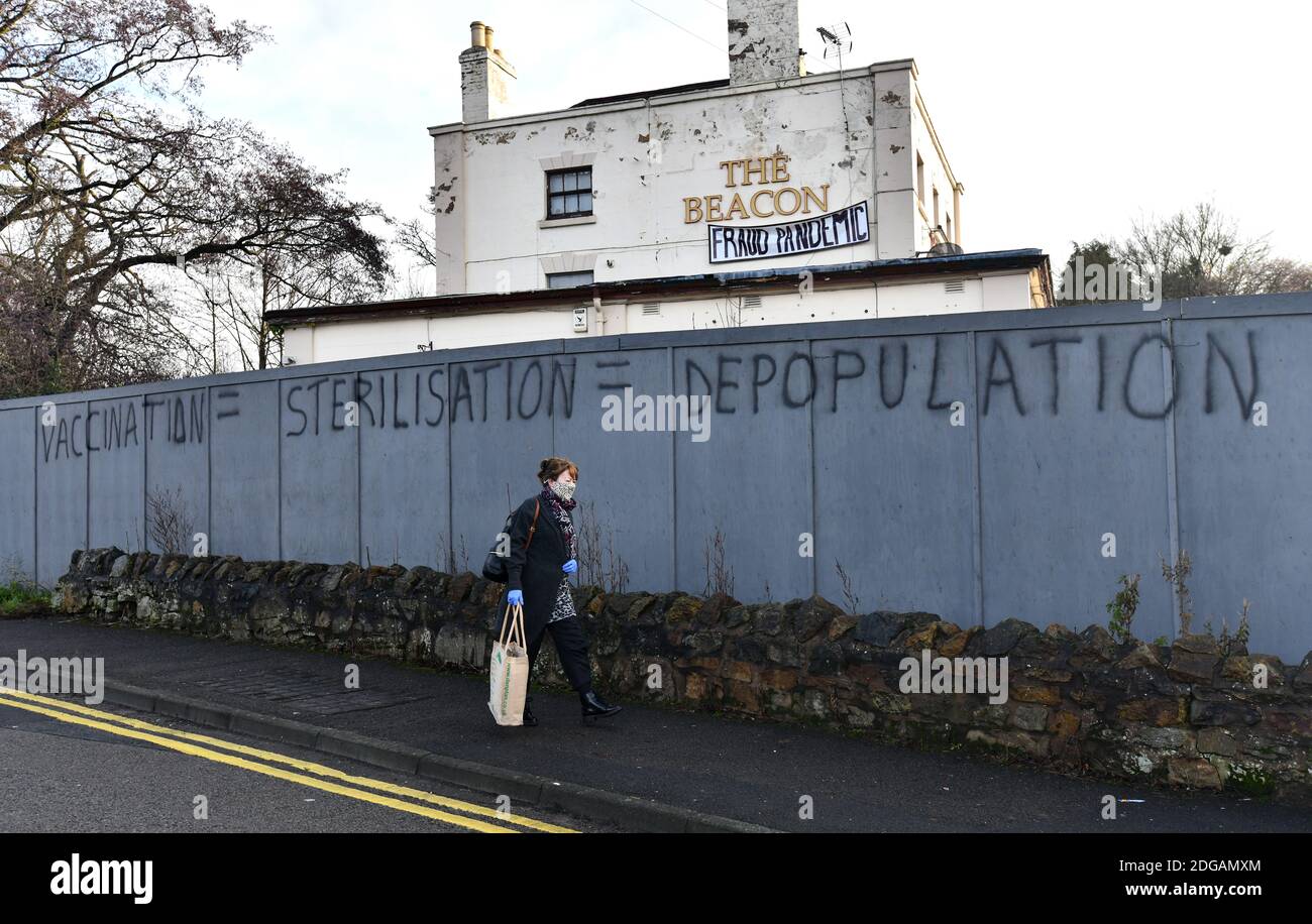 Anti vaccination propaganda graffiti sprayed on walls around a disused pub in Madeley, Telford, Shropshire. anti vaccine Credit: David Bagnall/Alamy Live News Stock Photo