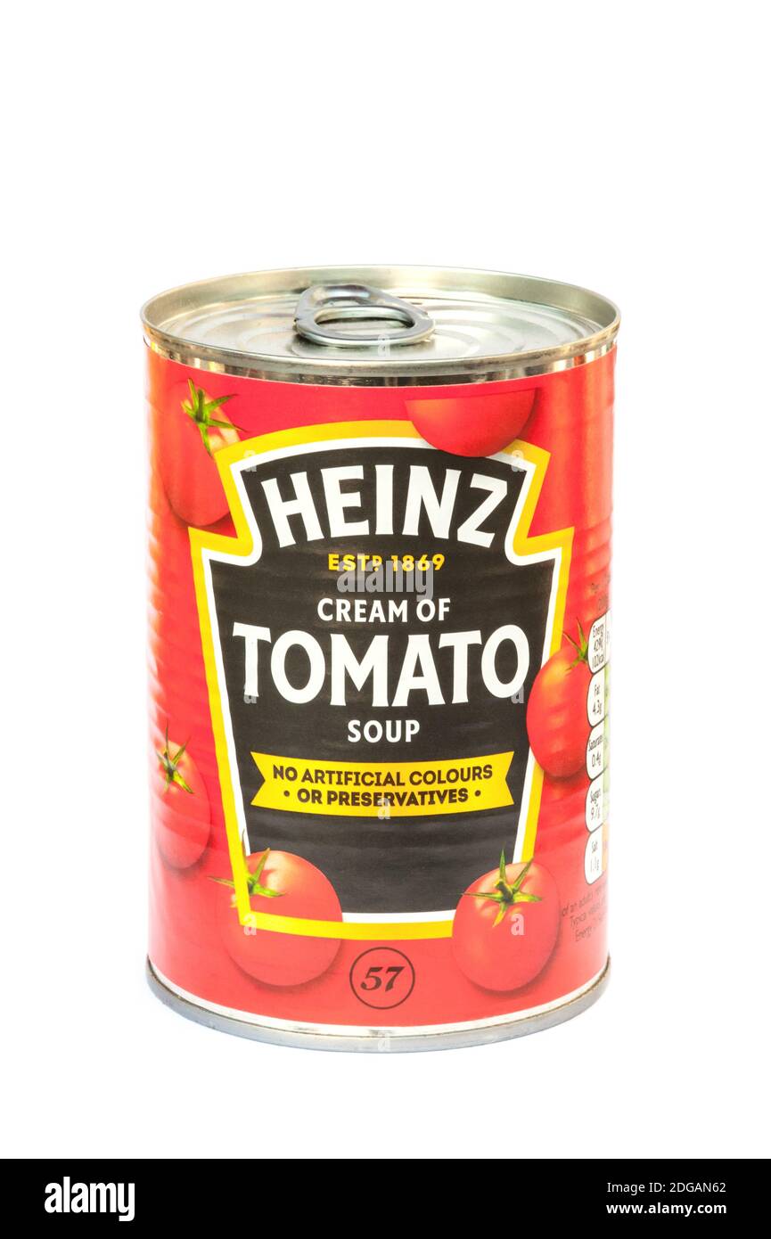 Isolated can of Cream of Tomato soup. The H.J. Heinz / Kraft food company has been manufacturing this product since 1910: Yateley, UK - September 22, Stock Photo