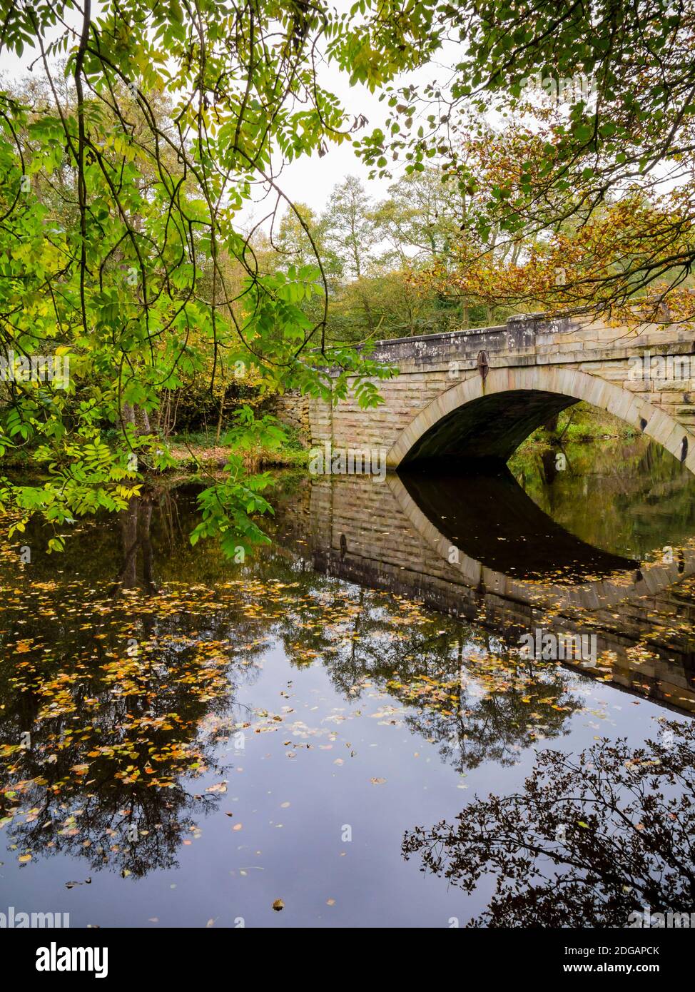 Bridge reflected in the calm waters of the River Derwent near Froggatt in the Peak District National Park Derbyshire England UK Stock Photo