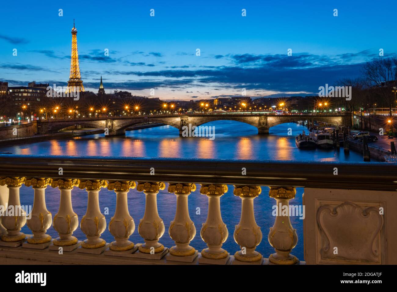 View of Pont de la Concorde at night from Pont Alexandre III, Paris, France Stock Photo