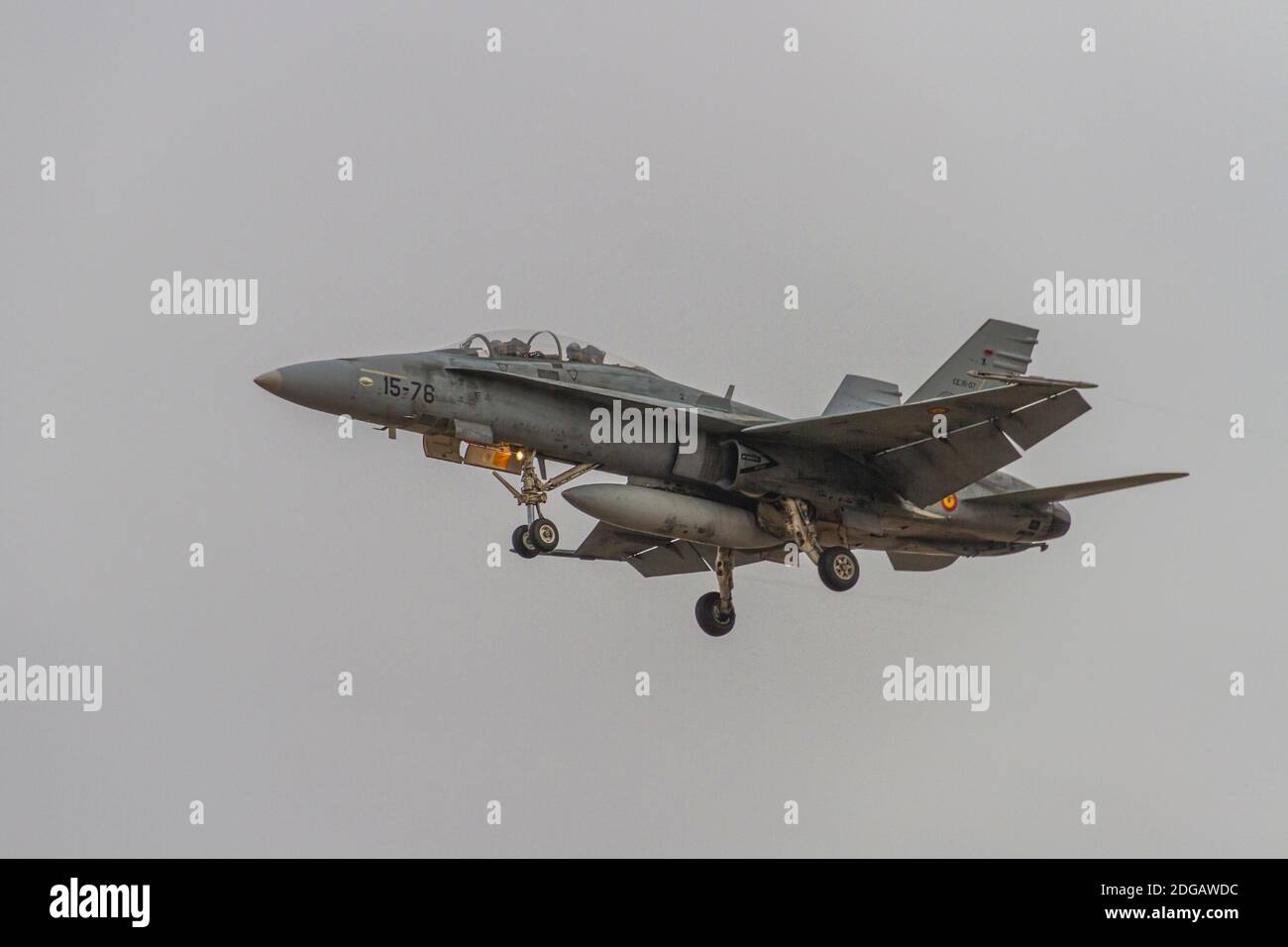 Zaragoza, SPAIN - December 1 2020 - F-A-18A + Hornet two-seater fighter plane belonging to the Zaragoza military base of the Spanish air force on trai Stock Photo