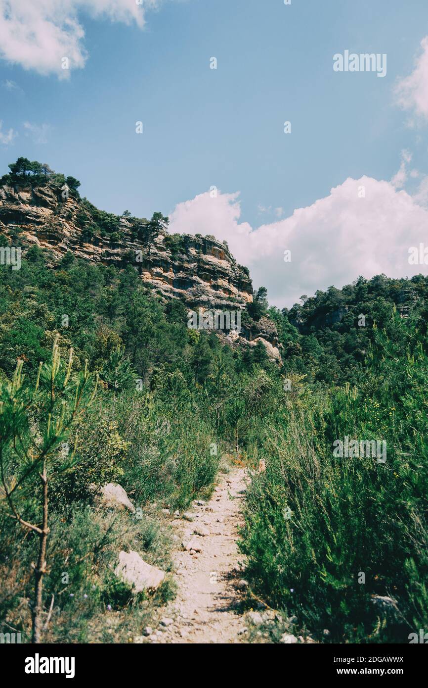Small path in the mountain of Prades, Tarragona, Spain. On a sunny summer day Stock Photo