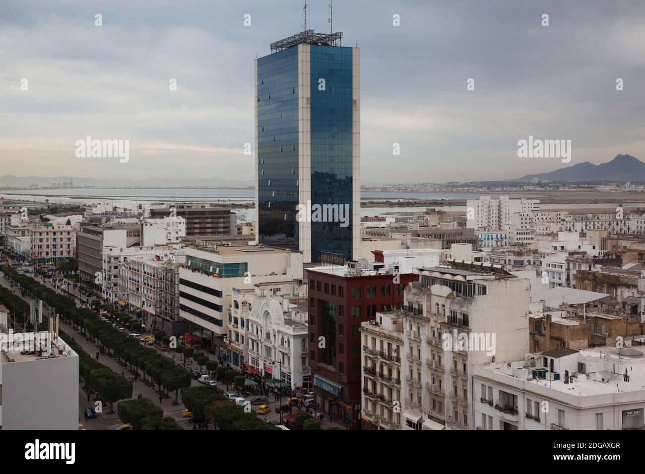 Elevated view towards Hotel Africa, Avenue Habib Bourguiba, Tunis, Tunisia Stock Photo