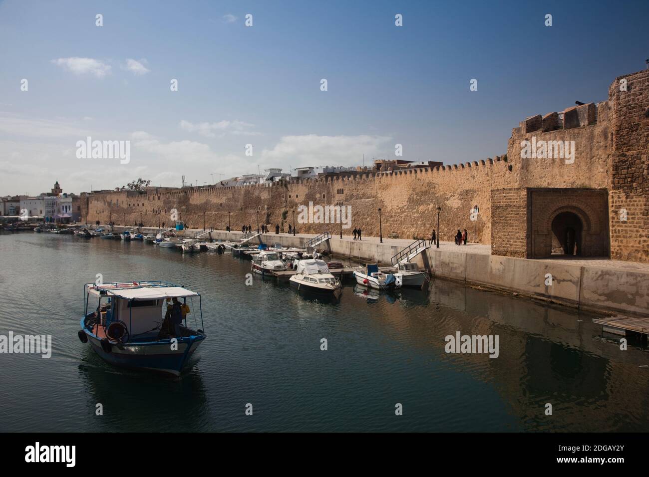 Boats moored at an old port, Bizerte, Bizerte Governorate, Tunisia Stock Photo