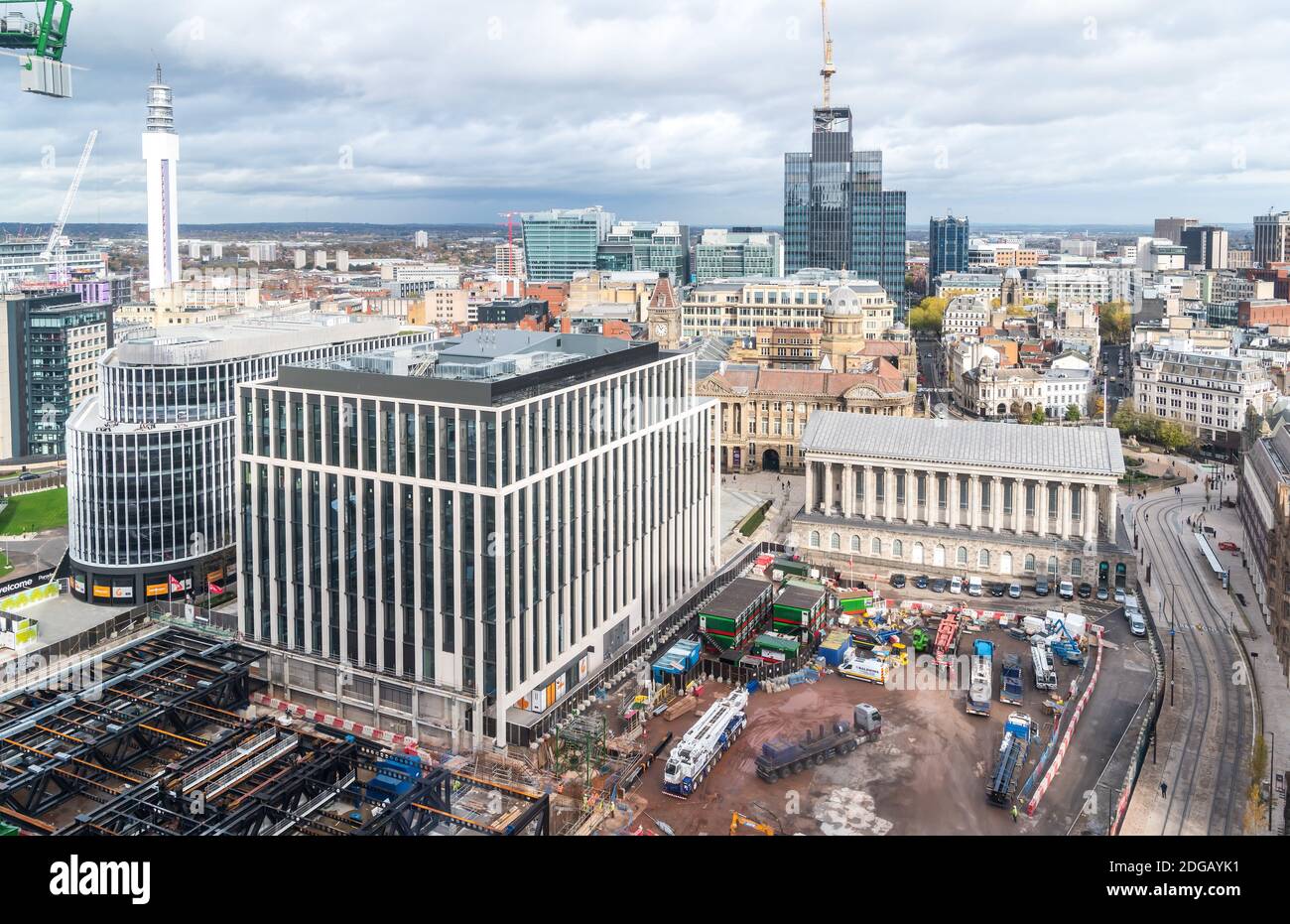 An aerial view of Birmingham City centre overlooking the construction site at the Paradise development, also visible is the Town Hall. Stock Photo