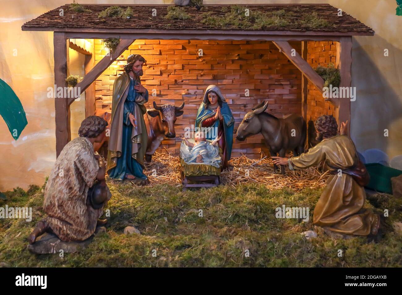 Traditional nativity scene with holy family in bethlehem at Christmas ...