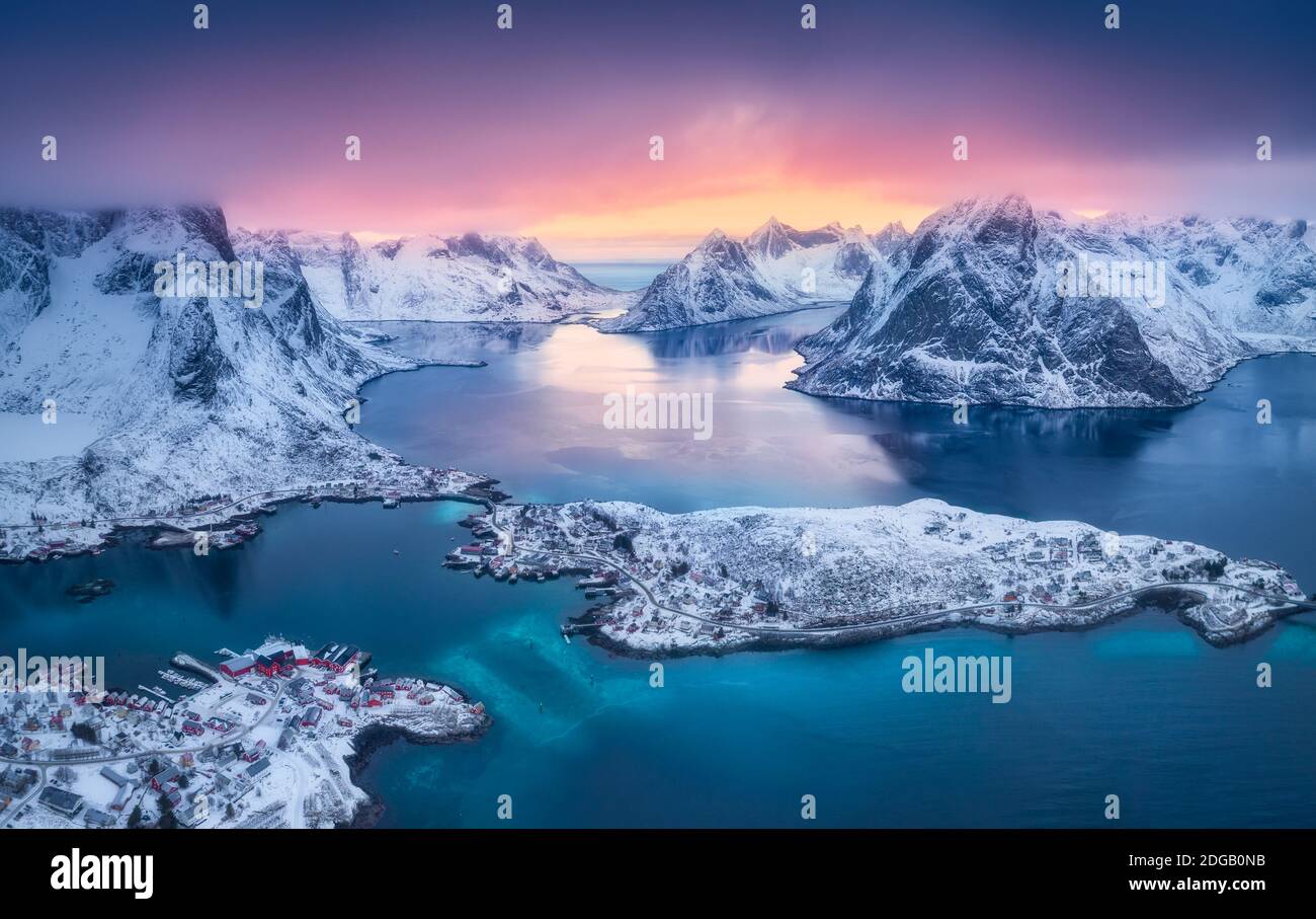 Aerial view of Reine at sunset in winter. Top view of Lofoten Stock Photo