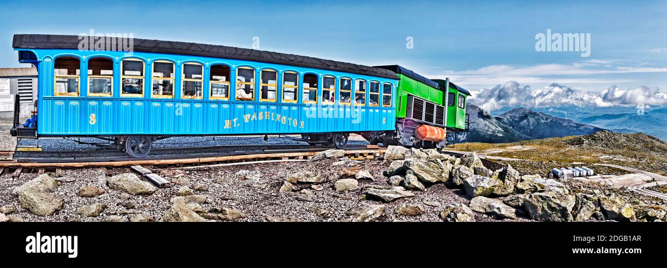 Train on railroad tracks, Mount Washington Cog Railway, Mt Washington, New Hampshire, USA Stock Photo
