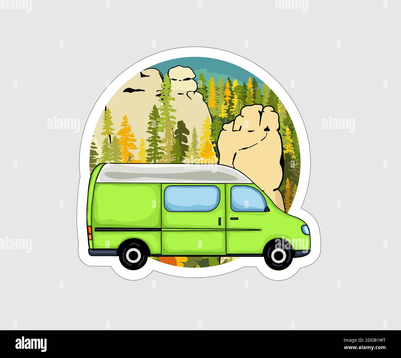 Van with sandstone formation and forest in the background. Van life badge, illustration. Stock Vector