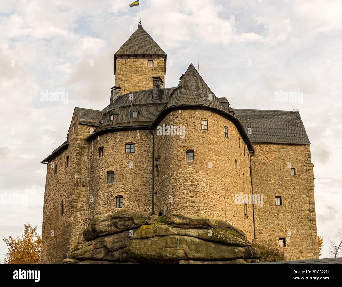 Falkenberg castle towers mightily on a rock above the village of Falkenberg, Germany Stock Photo