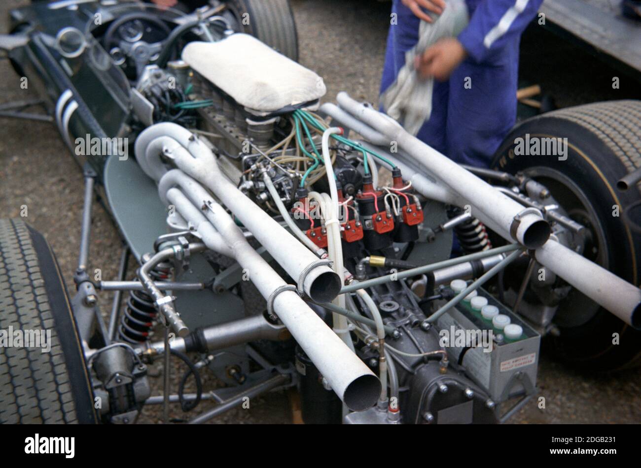 Mechanical detail of Joch. Rindt's Cooper-Maserati Formula 1 car in the Paddock at Silverstone for the 1967 British Grand Prix Practise day, 14th July Stock Photo