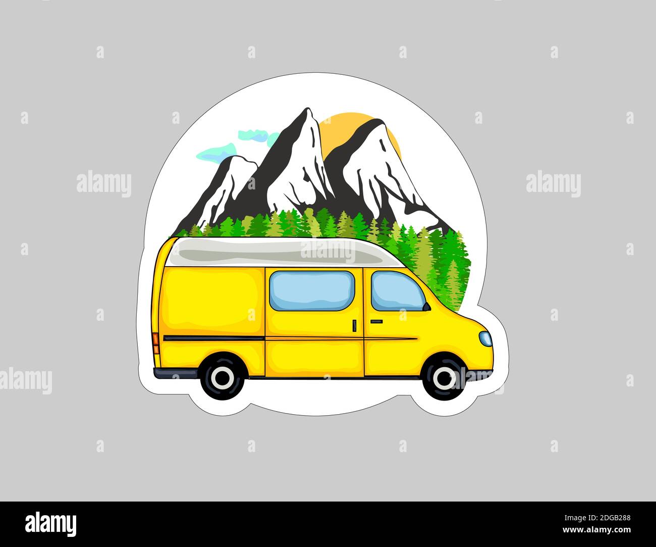 Van Life sticker. Yellow van with forest and mountains in the background.  Living van life, camping in the nature, travelling. Vector illustration  Stock Vector Image & Art - Alamy