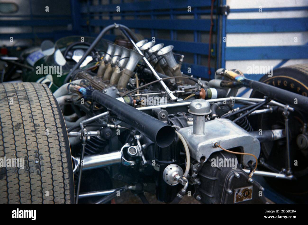 Mechanical detail of Guy Ligier's Brabham-Repco V8 Formula 1 car in the Paddock at Silverstone for 1967 British Grand Prix Practise day, 14th July Stock Photo
