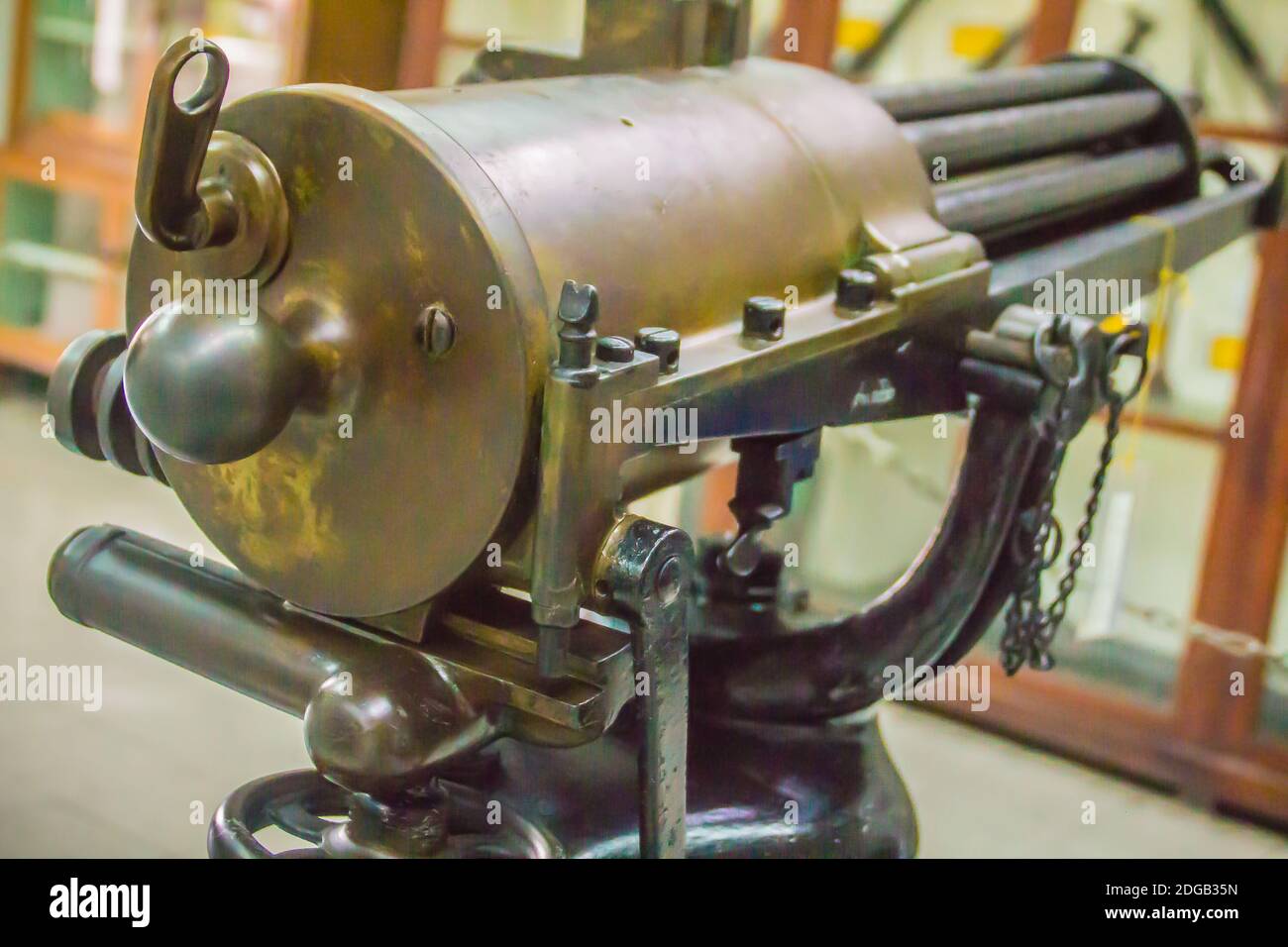 Old Gatling gun, one of the best-known early rapid-fire spring loaded. The Gatling gun was first used in warfare during the American Civil War. Stock Photo