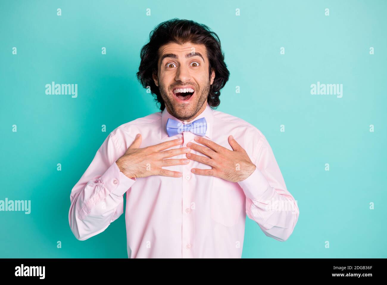 Photo portrait of guy touching chest with two hands getting chosen ...