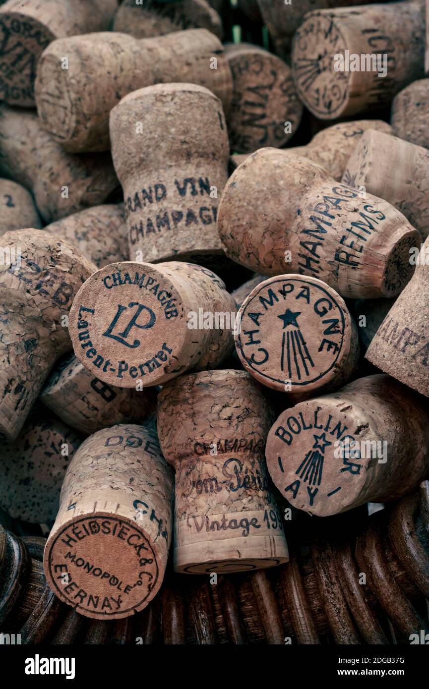 CHAMPAGNE CORKS COLLECTION FINE WINE harvest basket with variety selection of various French luxury champagne corks. France Stock Photo