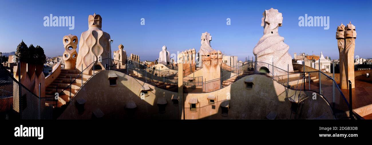 Architectural details of rooftop chimneys, La Pedrera, Barcelona, Catalonia, Spain Stock Photo