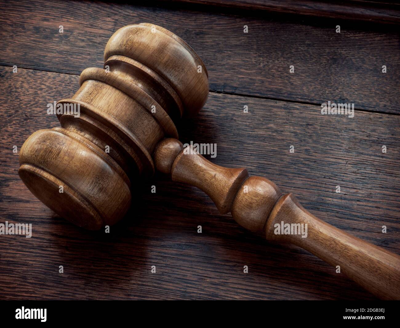 Gavel Hammer in Law Courts at Judges bench recess sentence. Justice Legal Judgement Auction Sale podium Stock Photo