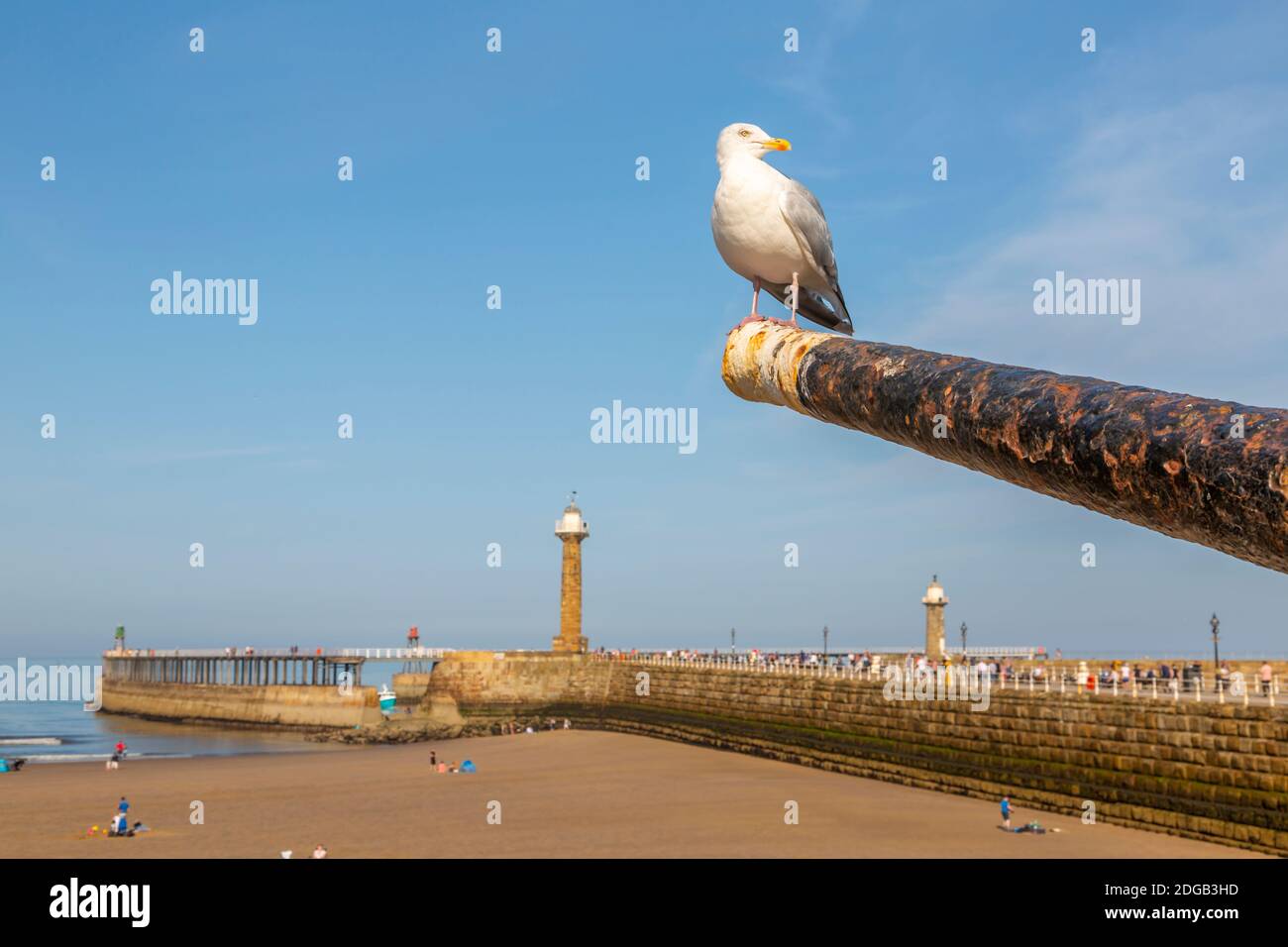 View of cannon overlooking Whitby West Pier and lighhouse, Whitby, Yorkshire, England, United Kingdom, Europe Stock Photo