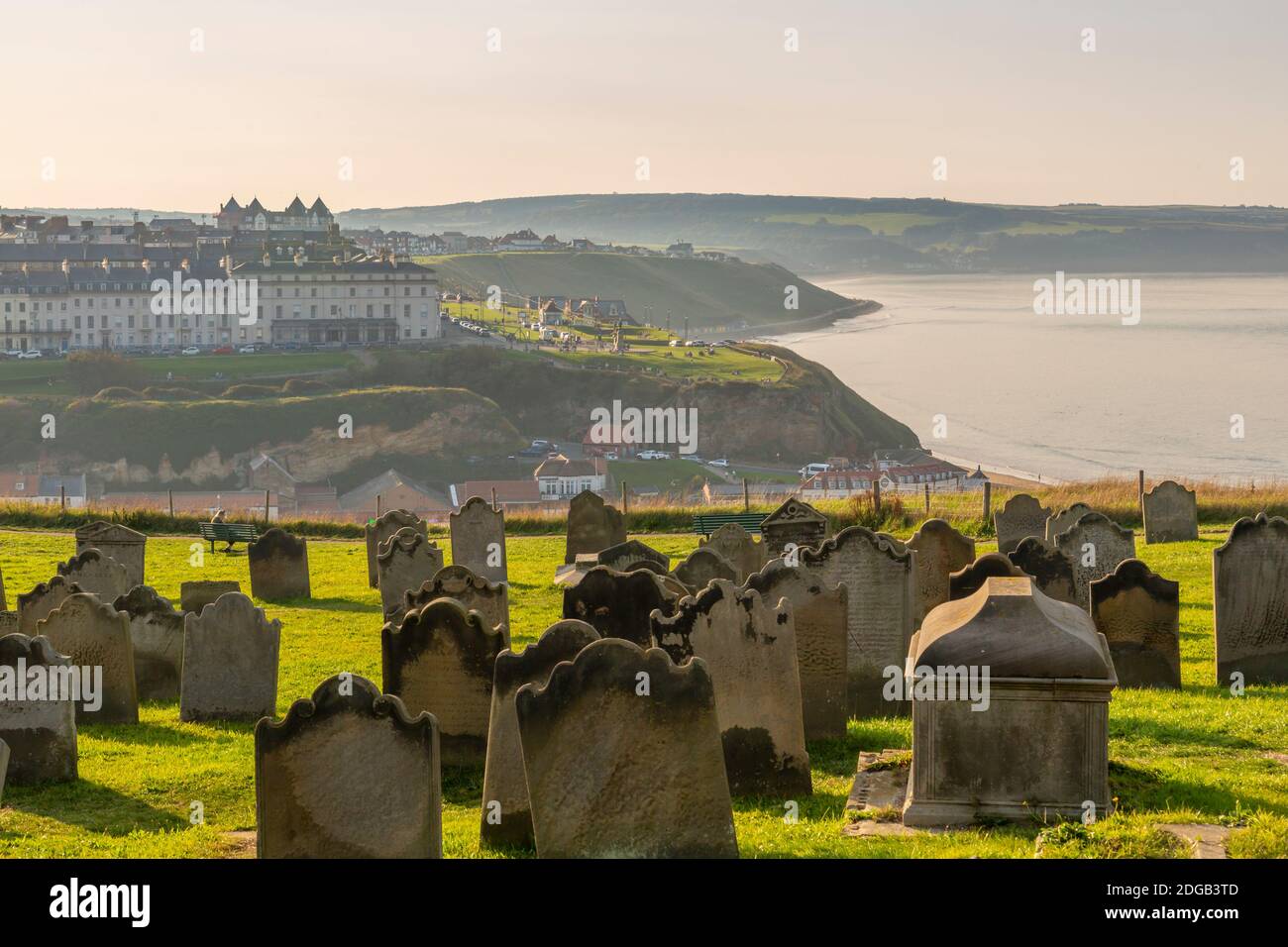 View of Whitby and North Sea from the graveyard of St Mary's Church, Whitby, Yorkshire, England, United Kingdom, Europe Stock Photo