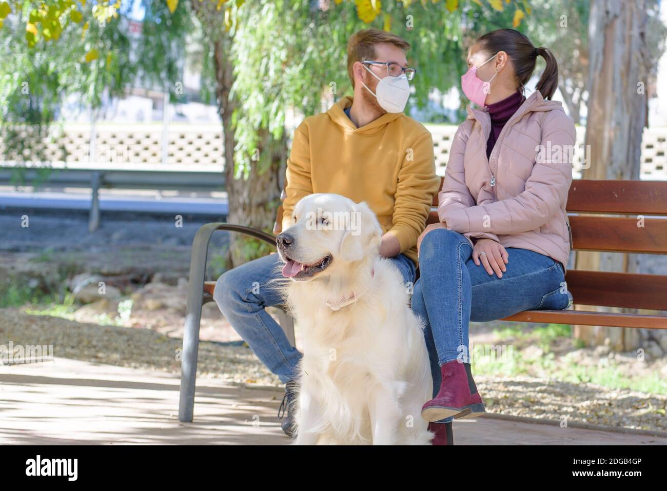 Young white couple in medical surgical masks holding walks with dog in the summer forest. family, europe, hugs, coronavirus, illness, infection Stock Photo
