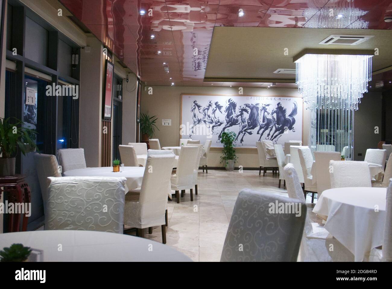 Empty Chinese restaurant with white chairs &  tablecloths. Lack of business during Tier 2 Covid19 restrictions. Jun Ming Xuan, Colindale, London. Stock Photo