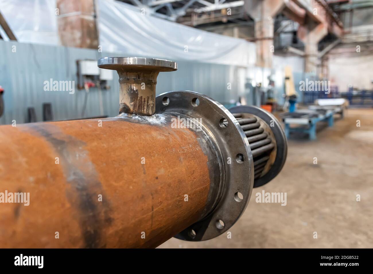 Manufacture of a new heat exchanger with tube bundle Stock Photo