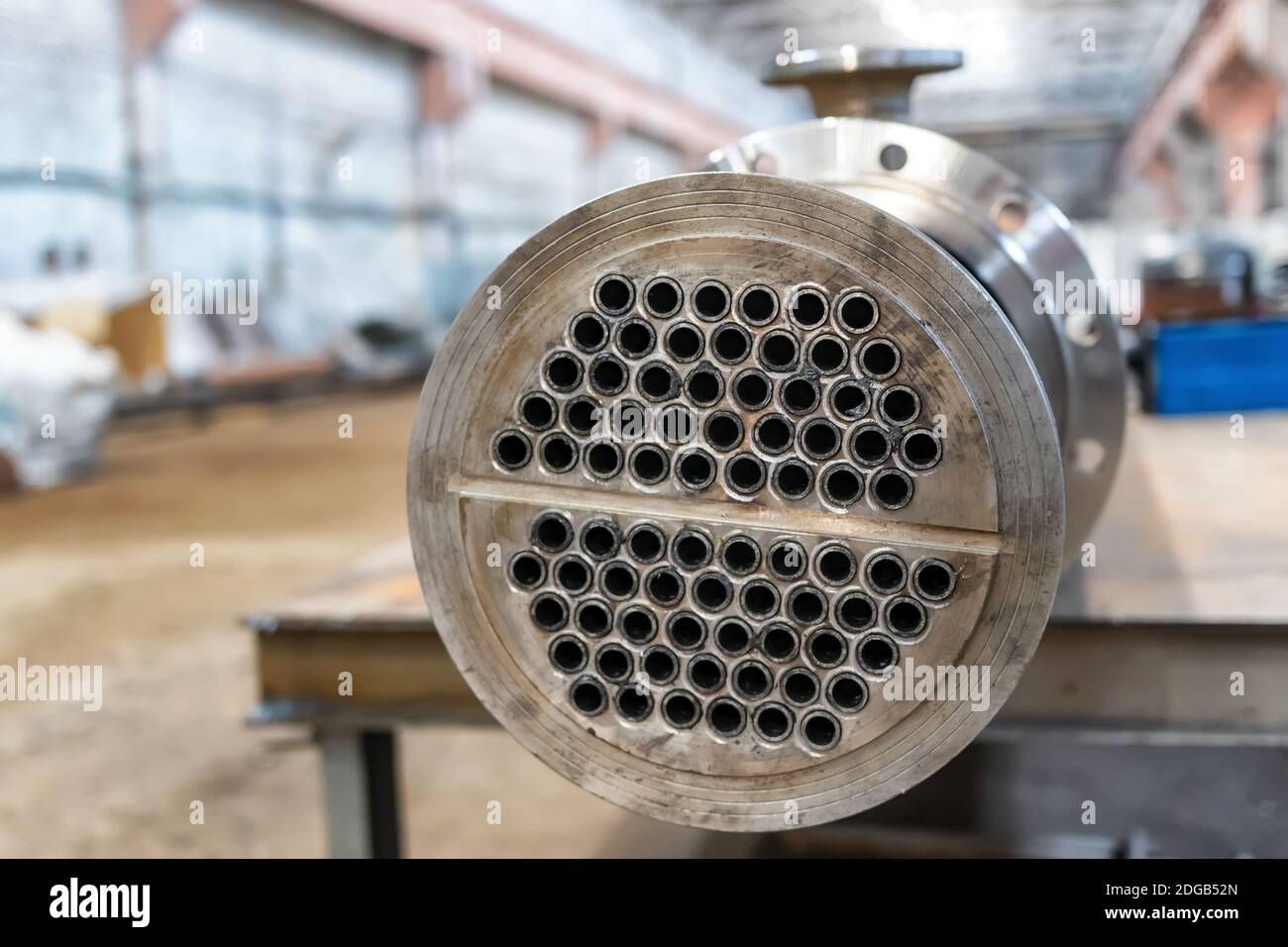 Manufacture of a new heat exchanger with tube bundle Stock Photo