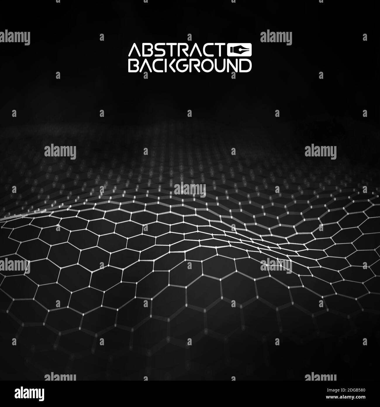 Network connection concept black background vector illustration. Futuristic hexagon perspective wide angle lanscape. Futuristic honeycomb concept. 3d Stock Vector