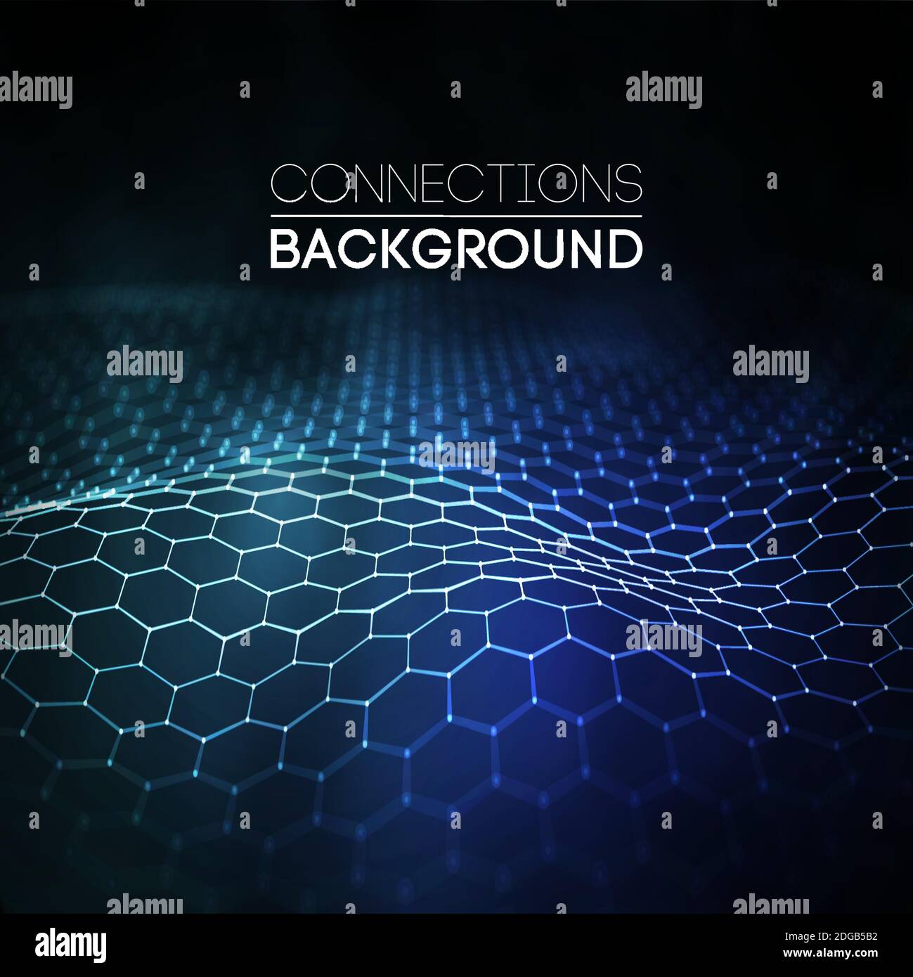 Network connection concept black background vector illustration. Futuristic hexagon perspective wide angle lanscape. Futuristic honeycomb concept. 3d Stock Vector
