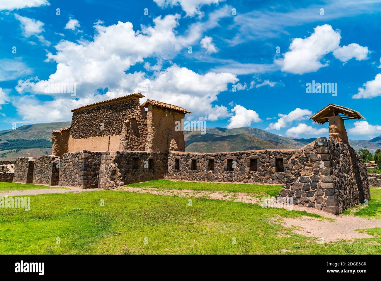 Ruins of Storehouse in the Inca Raqchi Temple at Cusco Region Stock Photo
