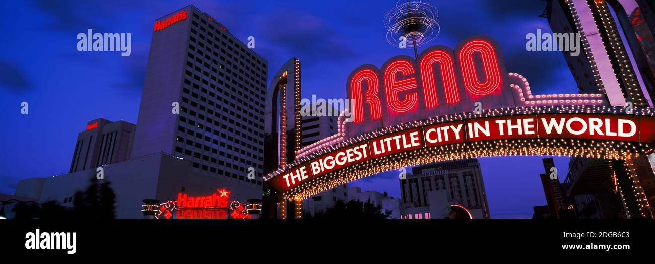 Low angle view of the Reno Arch at dusk, Virginia Street, Reno, Nevada, USA Stock Photo