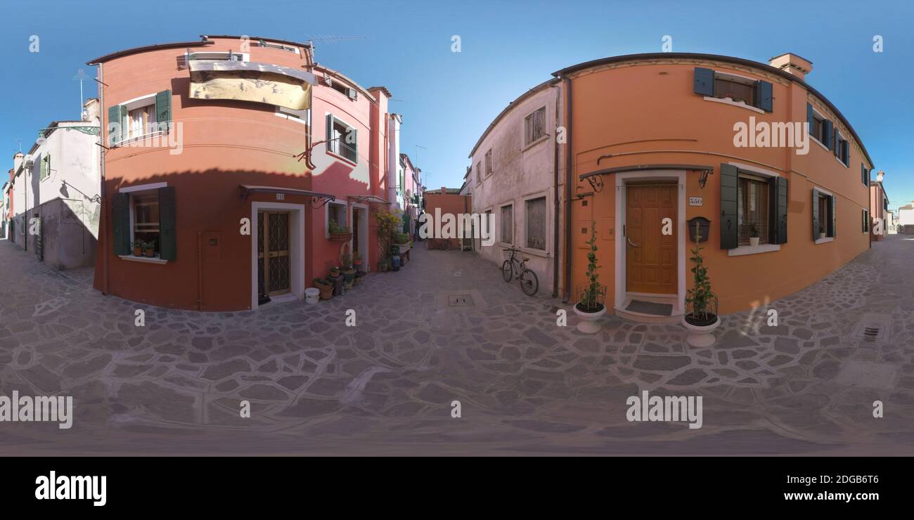 360 VR Paved street with traditional Burano houses, Italy Stock Photo