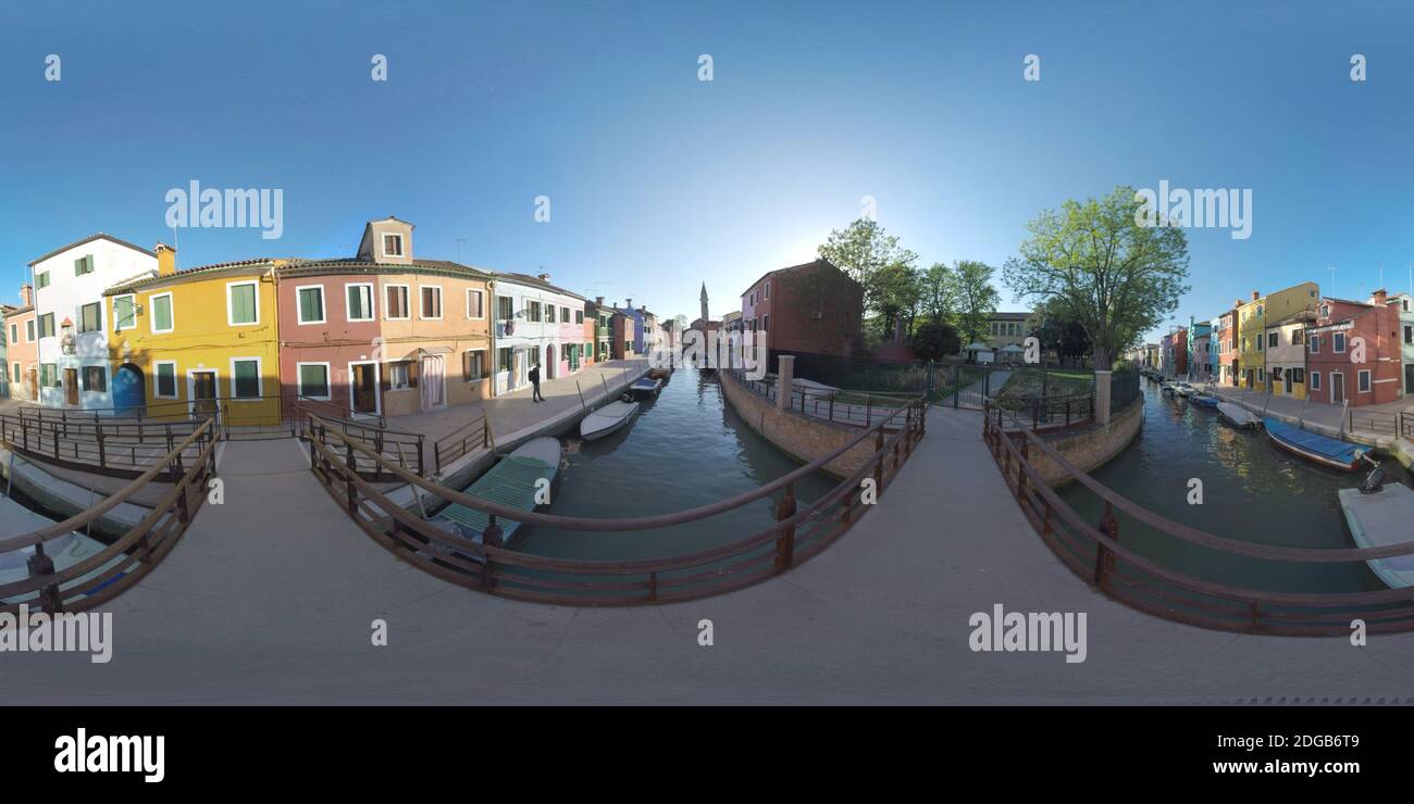 360 VR Burano picturesque townscape with canal, church and colored houses, Italy Stock Photo
