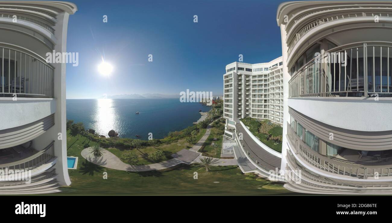 360 VR Amazing sea scene with sunshine viewed from hotel. Vacation in Turkey Stock Photo