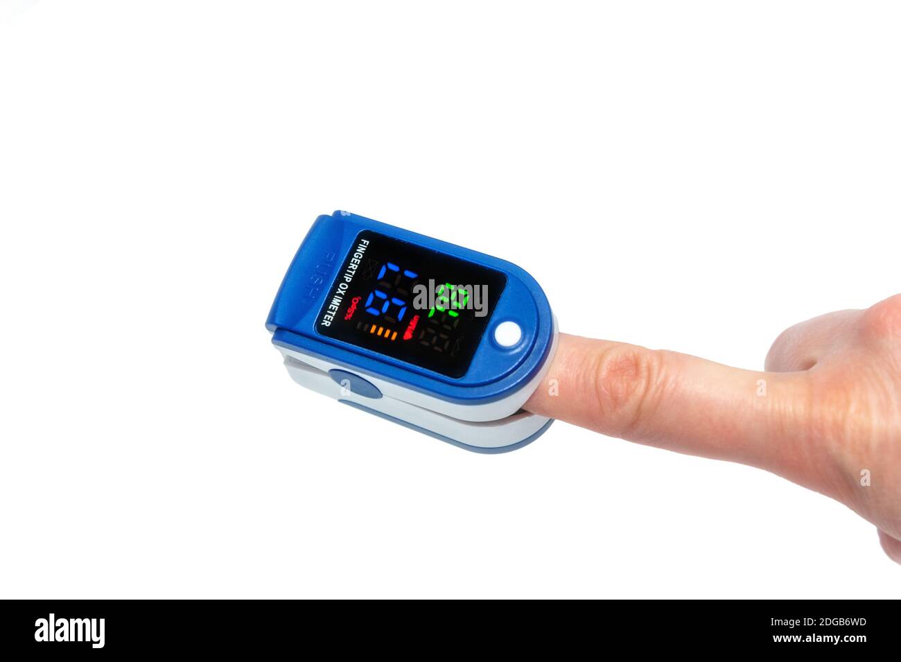 Pulse oximeter used to measure pulse rate and oxygen levels . Close up