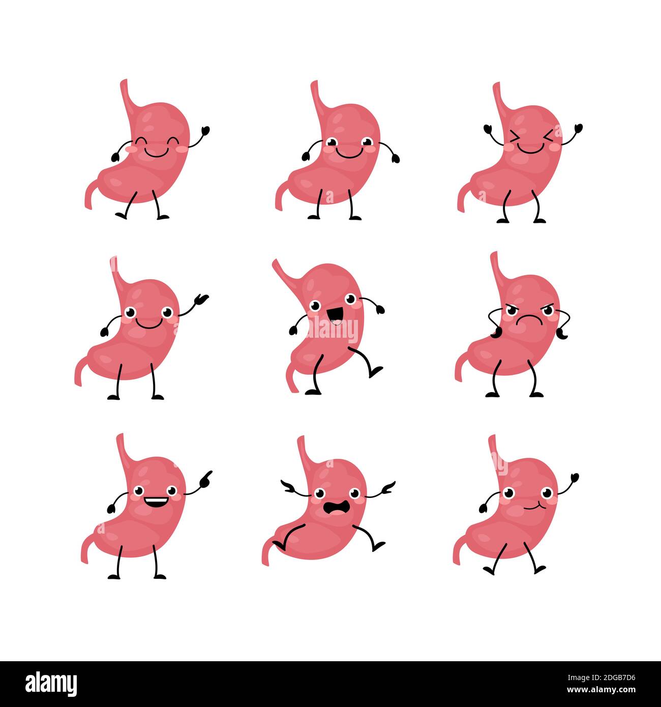 Cute stomach organs character set in a flat cartoon style. Stock Vector