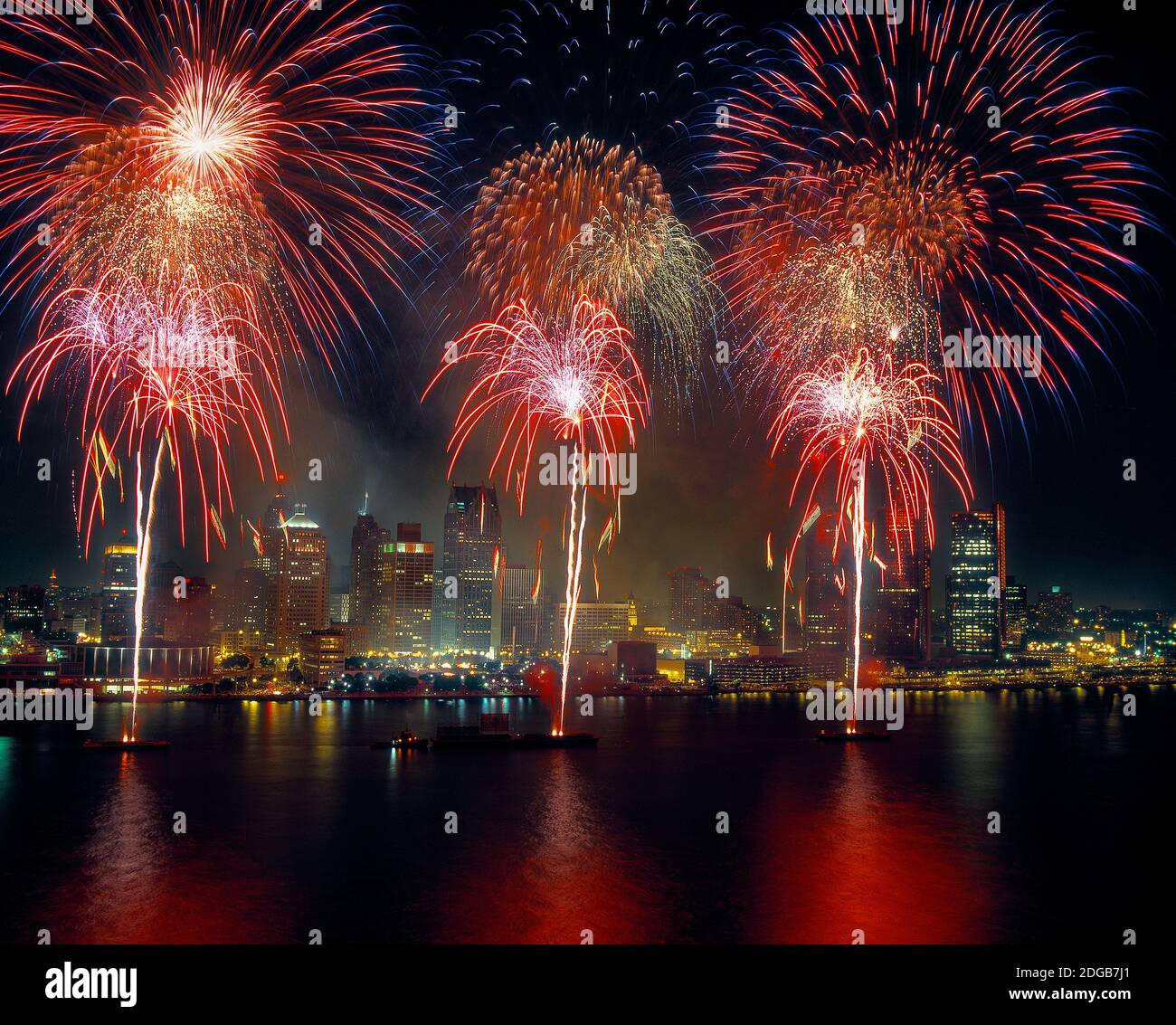 Fireworks display at night on Freedom Festival at Detroit (in Michigan